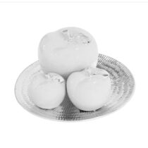 3pc White Apples on Silver Plate Tabletop Decor