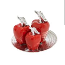 4pc Red Apples on Silver Plate Tabletop Decor