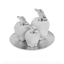 4pc White Apples on Silver Plate Tabletop Decor