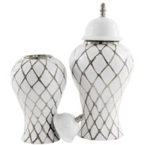 White & Silver Diamond Pattern Ginger Jar Set