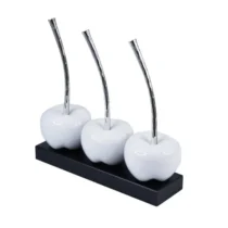 3pc White Cherries Sculpture on Black Base